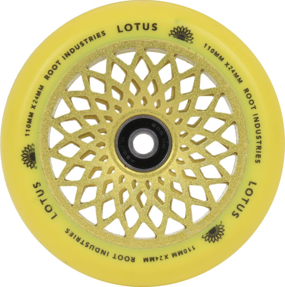 The Root Industries Lotus 110mm Scooter Wheel in Radiant Yellow showcases an intricate floral cutout design on its metal lotus core, making it ideal for freestyle scootering.