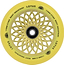 The Root Industries Lotus 110mm Scooter Wheel in Radiant Yellow showcases an intricate floral cutout design on its metal lotus core, making it ideal for freestyle scootering.
