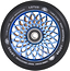 The Root Industries Lotus 110mm Scooter Wheel in Blu Ray/Black is ideal for freestyle scootering, featuring a geometric spoke pattern. The wheel proudly displays the "Lotus" brand alongside "Root Industries" branding, and includes a central bearing for easy mounting.