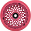 A radiant pink wheel with a black center and intricate, symmetric cutouts that form a lotus-like pattern is perfect for freestyle scootering. The Root Industries Lotus 110mm Scooter Wheel features the text "Lotus" and "Root Industries" printed around the edge.