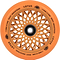 The Root Industries Lotus 110mm Scooter Wheel in Radiant Orange, ideal for freestyle scootering, features a striking lotus-like spoke design and a central black hub. This lotus core design merges aesthetics with functionality to deliver both style and performance.