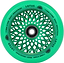 The Root Industries Lotus 110mm Scooter Wheel in Radiant Green features a floral-inspired cutout design, perfect for freestyle scootering. The outer rim is inscribed with "Root Industries" and "Lotus," as well as the dimensions "110mm x 24mm." Its high-quality urethane material surrounds a sleek black hub.