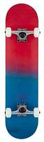 Introducing the Rocket Double Dipped Red / Blue Complete Skateboard, designed for beginners. This skateboard features a 7.5" x 31" deck crafted from red and blue gradient 7-ply hardrock maple, where the colors artfully transition from red to blue. It comes equipped with silver aluminum trucks and white wheels, with "Rocket" prominently displayed on the blue section of the deck.