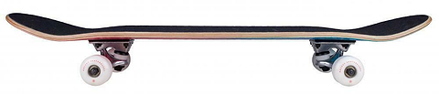 Side view of the Rocket Double Dipped Red / Blue Complete Skateboard by Rocket, featuring black grip tape, multicolored deck edges, and white wheels. Constructed from 7-ply hardrock maple with aluminum trucks, its sleek design is showcased against a plain white background.