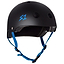 The S1 Lifer Skate / Scooter Helmet in Matt Black and Cyan is a protective headgear featuring a cyan "S1" logo on the side. It is designed with multiple ventilation holes and equipped with adjustable cyan straps and a buckle for secure fitting. The interior includes EPS Fusion Foam padding for enhanced comfort and protection.