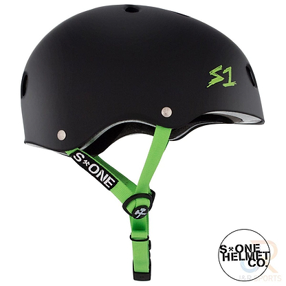 The S1 Lifer Skate / Scooter Helmet in Matt Black and Green has a green chin strap, ventilation holes, and is crafted with the resilient EPS Fusion Foam. It boasts a green "S1" logo on the front and "S-ONE HELMET CO." on the strap, while the company's emblem adds a distinguished look in the bottom right corner.