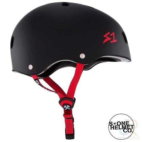 The S1 Lifer Skate / Scooter Helmet in Matte Black and Red comes equipped with red straps and prominently displays a red "S1" logo on the side. Its superior protection is ensured by the EPS Fusion Foam, while the S1 brand name appears elegantly in the bottom right corner, representing safety and style in protective headgear.