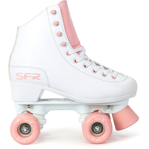 Introducing the SFR Figure Quad Roller Skates in White and Pink, these stylish beginner skates feature a high-top boot design with pink polyurethane wheels and accents. The iconic "SFR" logo is prominently displayed on both the boot and wheels, ensuring both style and functionality.