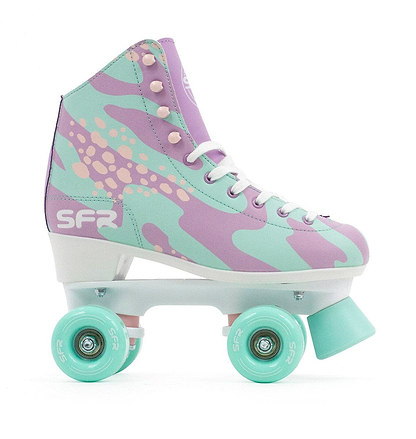 Introducing the SFR Brighton Figure Quad Roller Skates - Lilypad, designed with a durable PVC leather exterior. These skates feature a pastel purple and mint green camouflage pattern complemented by white laces. The PU cast mint green wheels and sleek white base proudly display the "SFR" logo.