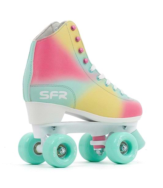 The SFR Brighton Figure Quad Roller Skates - Tropical are vibrant roller skates featuring pastel shades of pink, yellow, and teal. They come with four teal PU Cast wheels and white laces. Made from durable PVC leather, the side of the boot proudly displays the "SFR" branding.