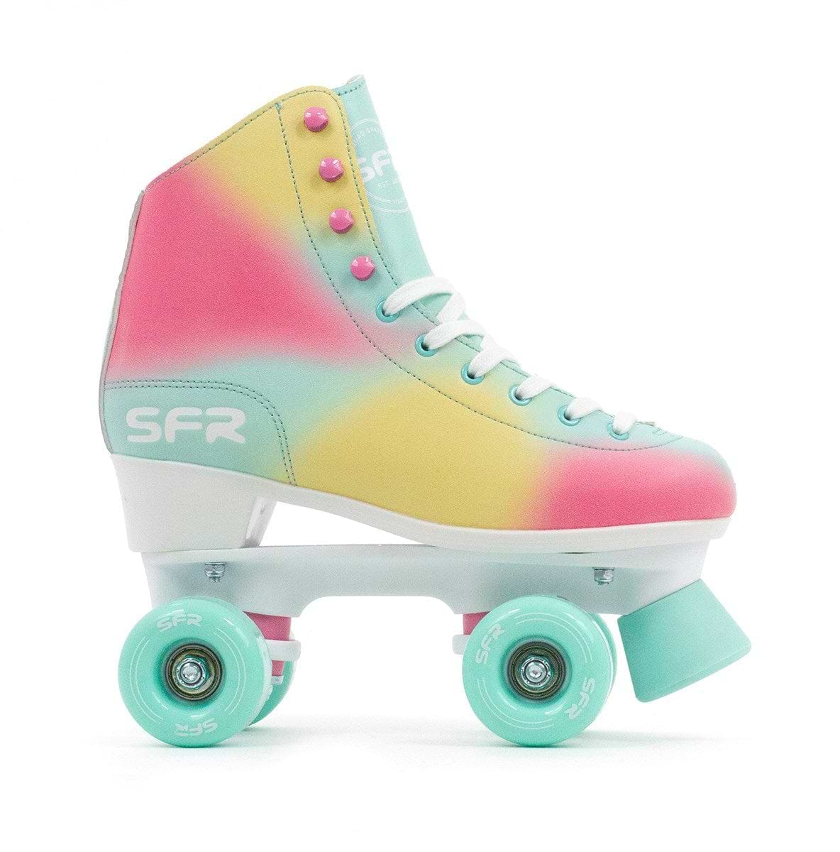 Explore the SFR Brighton Figure Quad Roller Skates - Tropical: a colorful roller skate made from PVC leather, showcasing a delightful mix of pastel pink, yellow, and blue on the boot. It comes equipped with mint green PU cast wheels and a matching toe stop, all while featuring the "SFR" logo elegantly printed on the side.