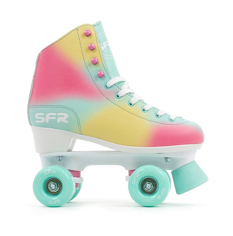 Explore the SFR Brighton Figure Quad Roller Skates - Tropical: a colorful roller skate made from PVC leather, showcasing a delightful mix of pastel pink, yellow, and blue on the boot. It comes equipped with mint green PU cast wheels and a matching toe stop, all while featuring the "SFR" logo elegantly printed on the side.