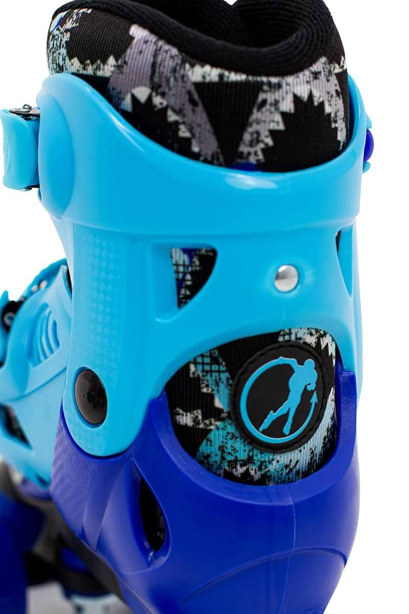 Close-up of a vibrant blue and black quad roller skate boot with geometric patterns, featuring a size-adjuster system for the perfect fit. The SFR Hurricane IV logo showcases a person skating, while adjustable straps and a sturdy shell ensure maximum support.