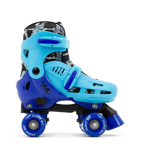 The SFR Hurricane IV Adjustable Quad Roller Skates - Shark is a sleek combination of blue and black, designed with adjustable straps and a size-adjuster system for an optimal fit. It boasts four blue wheels and features a boot embellished with white and gray graphics, prominently displaying the "SFR" brand name on the side.