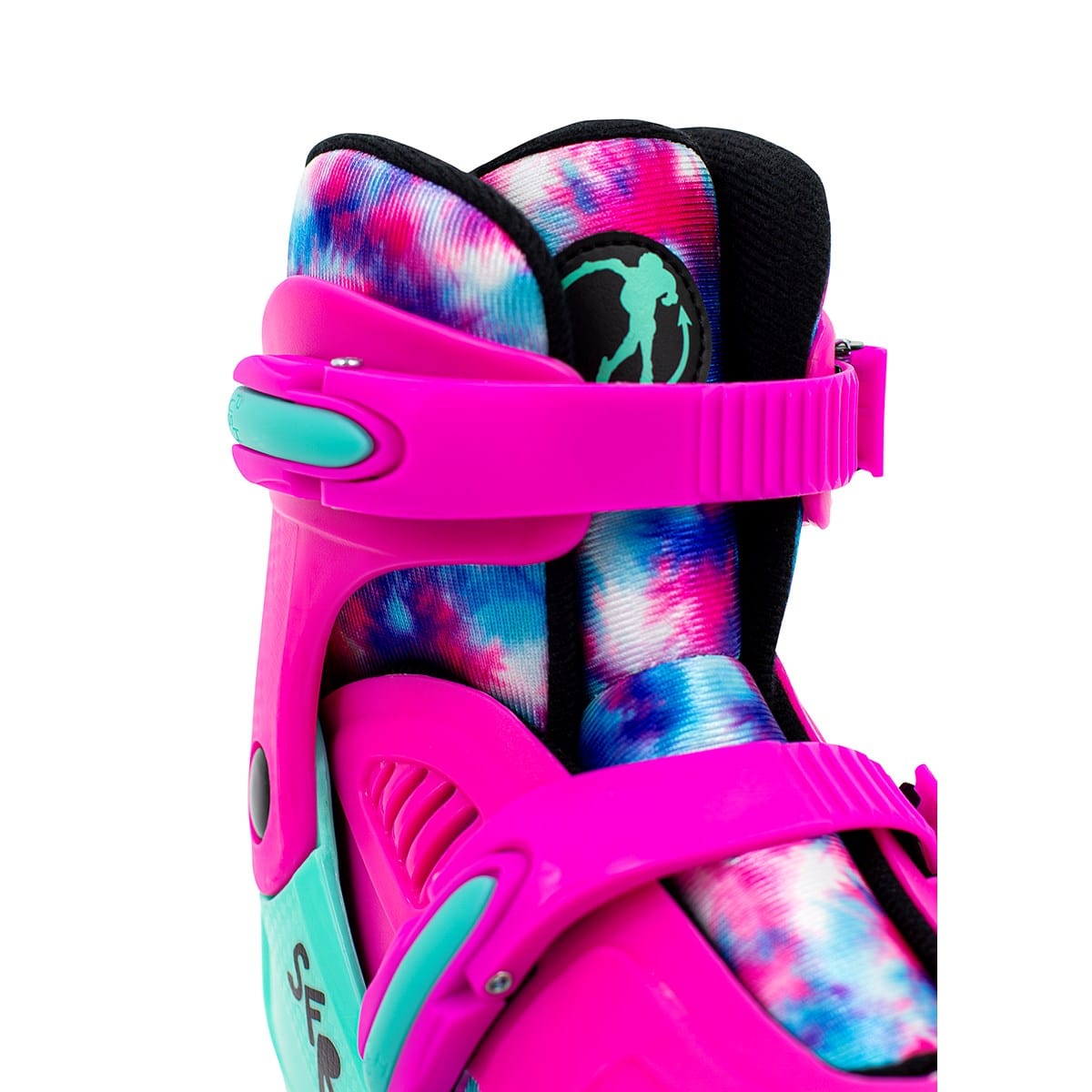 Close-up of a vibrant pink SFR Hurricane IV Adjustable Quad Roller Skate - Tie Dye model featuring textured inner padding in tie-dye blue, pink, and white. It includes teal-accented adjustable straps and a silhouette logo of a skater on the side. The quick-release buckles promise easy fitting for any adventure.