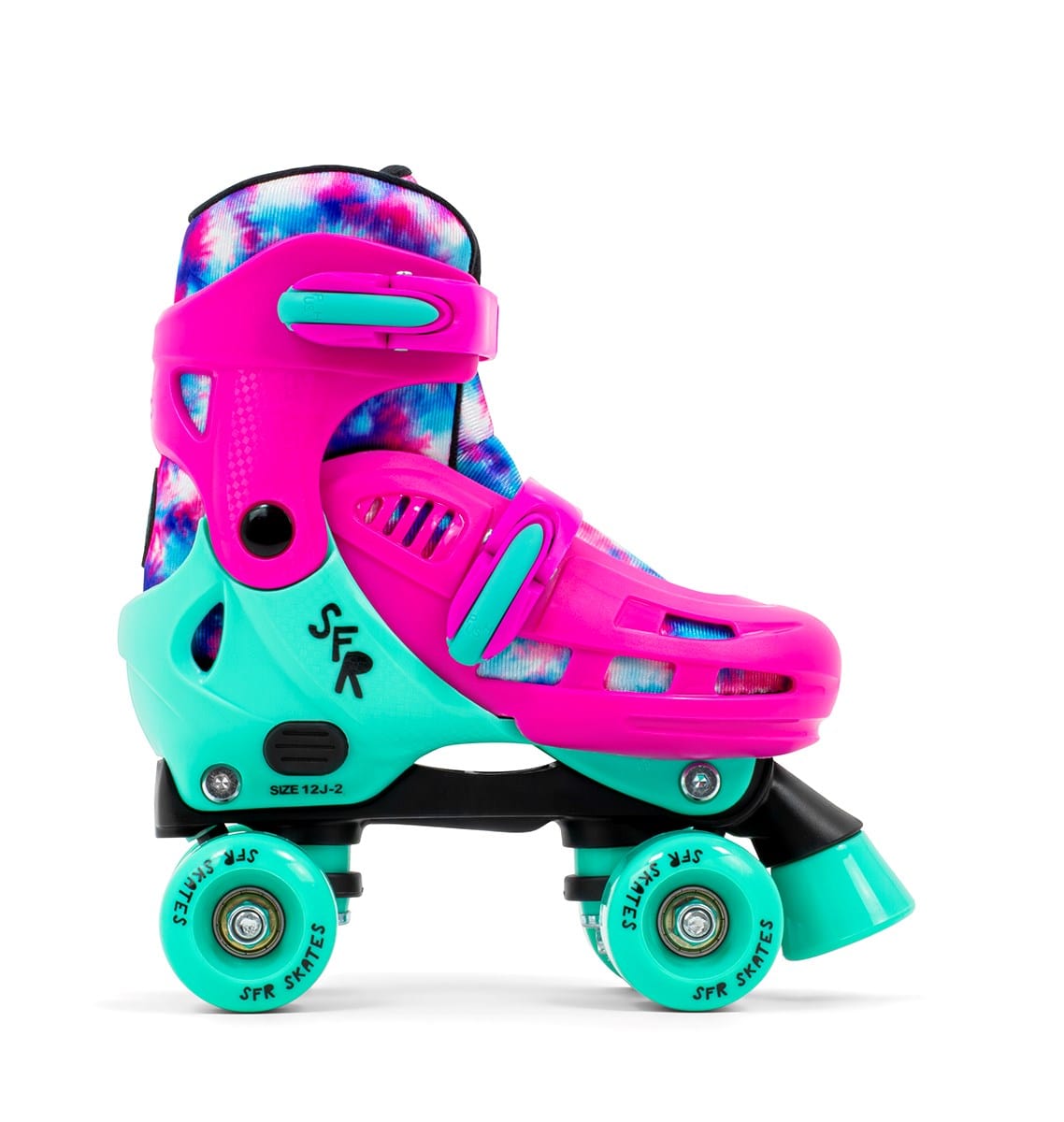 The SFR Hurricane IV Adjustable Quad Roller Skates - Tie Dye from SFR feature a vibrant pink and teal color scheme with a tie-dye pattern on the boot, complete with "SFR" printed on the side. They include adjustable hard shell support, quick-release buckles, an easy size-adjuster system, and colorful wheels.
