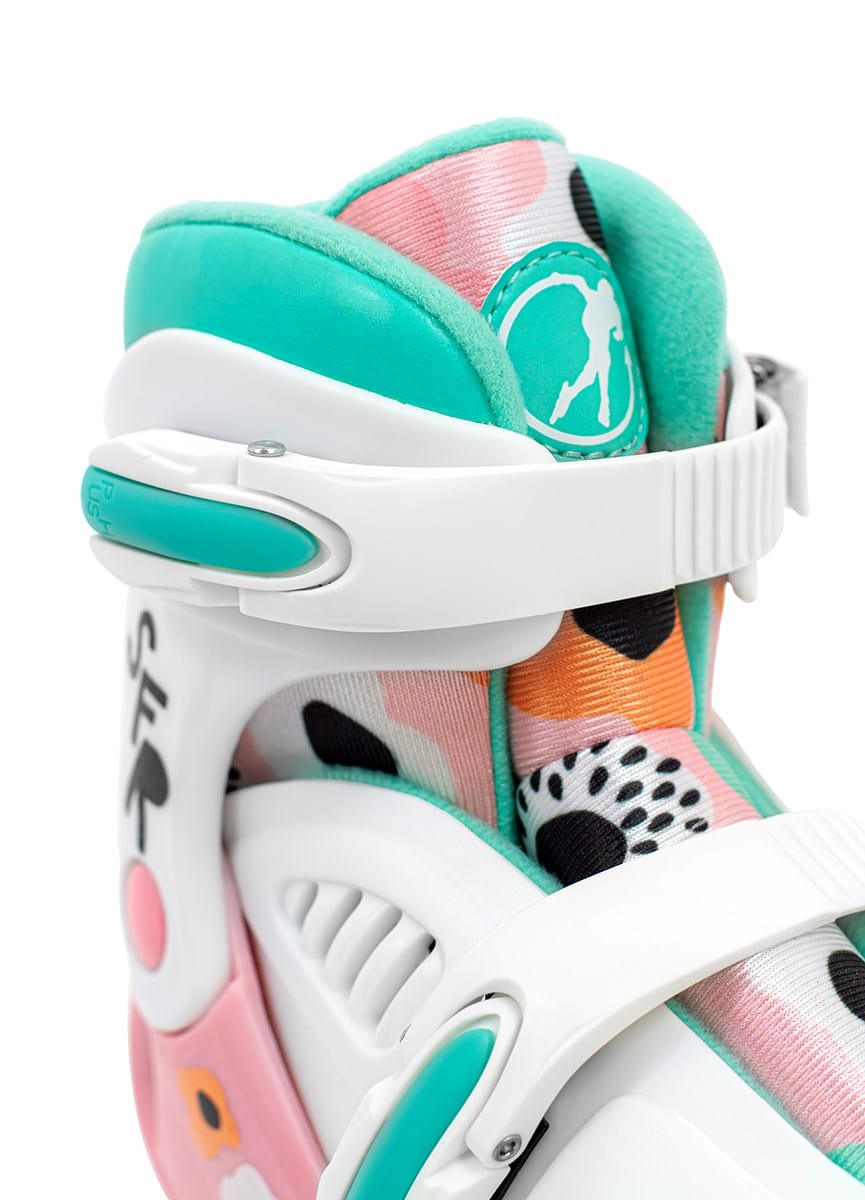 Close-up of the vibrant SFR Storm V Adjustable Quad Roller Skates - Flower, showcasing pastel hues of pink, teal, and orange. These skates feature size-adjustable white straps and a padded interior adorned with a playful pattern, making them ideal for roller skating enthusiasts.