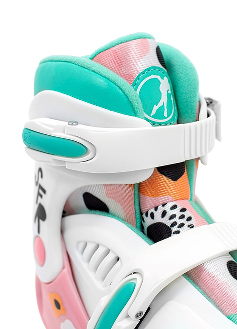 Close-up of the vibrant SFR Storm V Adjustable Quad Roller Skates - Flower, showcasing pastel hues of pink, teal, and orange. These skates feature size-adjustable white straps and a padded interior adorned with a playful pattern, making them ideal for roller skating enthusiasts.