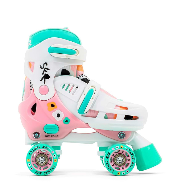 Introducing the SFR Storm V Adjustable Quad Roller Skates - Flower by SFR, featuring a lively design with a white base complemented by pink and mint green accents plus beautiful decorative patterns. These skates come equipped with size-adjustable straps to ensure the perfect fit for your feet. Ideal for exhilarating roller skating adventures, they boast four sturdy wheels for enhanced stability and performance.
