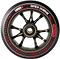 A close-up of a Lucky Toaster 110mm Stunt Scooter Wheel - Jayden Sharman Signature V2 in black highlights its silver spokes and the bold red and white branding. The phrases "High Rebound Urethane" and "Jayden Sharman" are prominently displayed, with "110 millimeters 88A durometer" specifications visible on the outer rim.