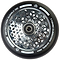 A close-up of the Revolution Cubed Core Ultralite 110mm Stunt Scooter Wheel by Revolution highlights its advanced design with Ultralite Cube Core Technology. The wheel boasts a sleek black exterior complemented by a chrome silver hexagonal core and central bearing, epitomizing cutting-edge scooter wheel design.