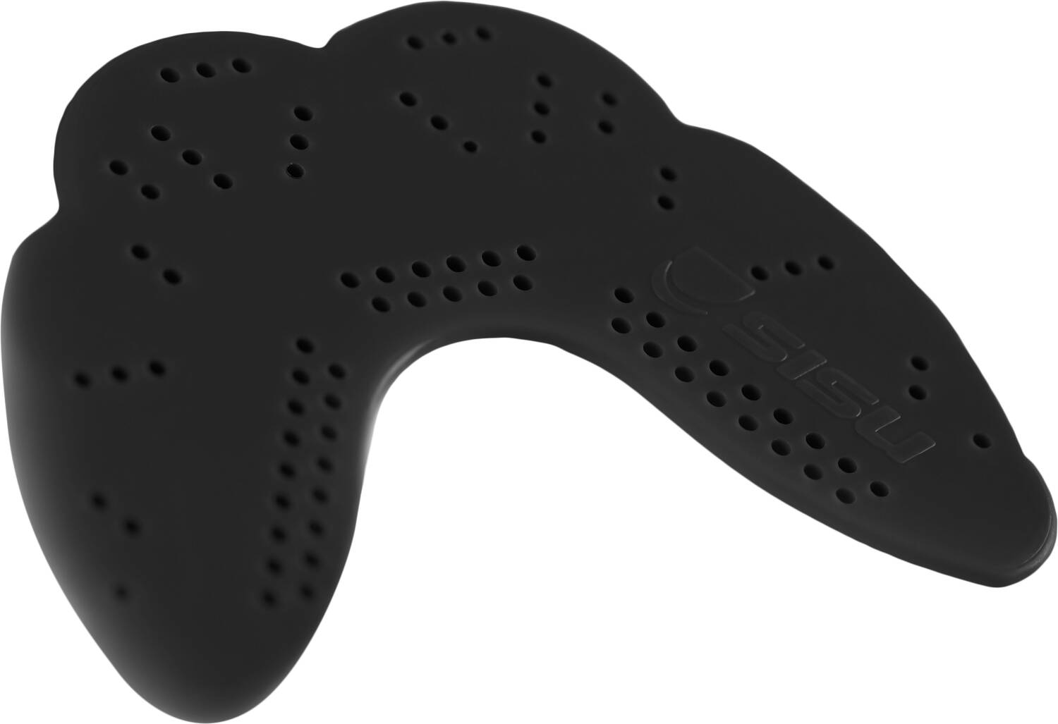 The SISU Next Gen Aero Protection Mouthguard in Charcoal Black delivers critical defense thanks to its perforated holes and textured logo. With a contoured shape and integrated Diffusix™ technology, it guarantees a snug fit, offering enhanced protection during sports activities.