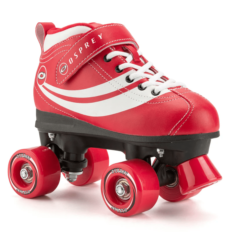 The Osprey Disco Quad Roller Skates - Red by Osprey feature four red wheels, white laces, and a Velcro strap, making them perfect for recreational indoor or outdoor skating.