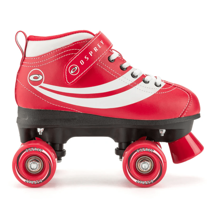The Osprey Disco Quad Roller Skates - Red by Osprey feature a red and white design with laces, strap, four red wheels, and a solid black base—perfect for both indoor and outdoor recreational skating.