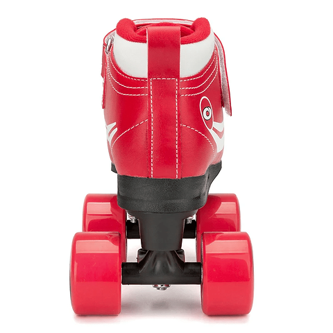 The Osprey Disco Quad Roller Skates - Red feature a red and white design, four red wheels, and a black sole—ideal for indoor or outdoor use. Shown from the back against a white background. Brand: Osprey.