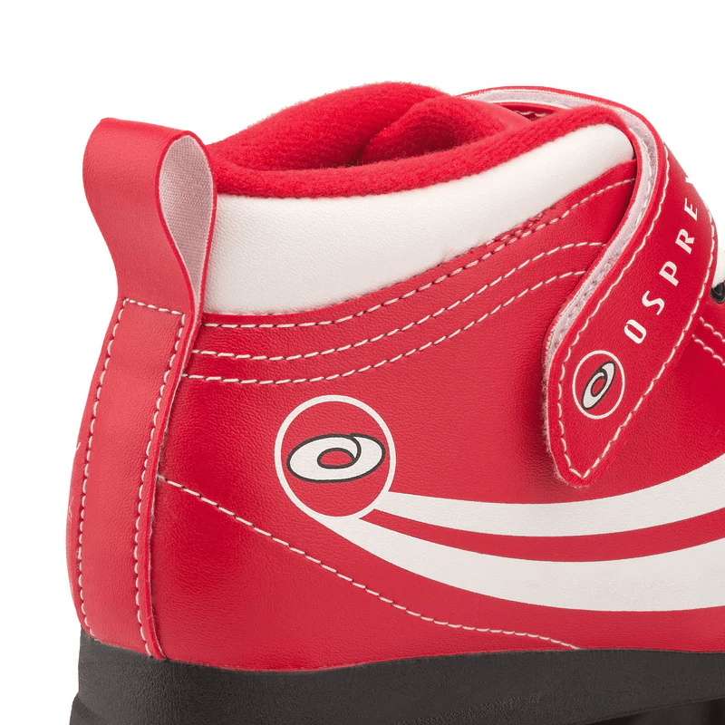 Close-up of the heel and side of the Osprey Disco Quad Roller Skates - Red, showing a hook-and-loop strap, white stitching, Osprey logo, and black sole—ideal for indoor and outdoor skating fun.