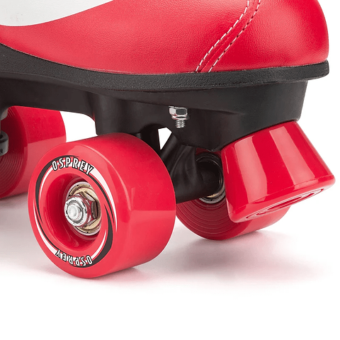 Close-up of Osprey Disco Quad Roller Skates - Red, featuring red wheels with "OSPREY" branding and a front stopper—ideal for indoor and outdoor use.