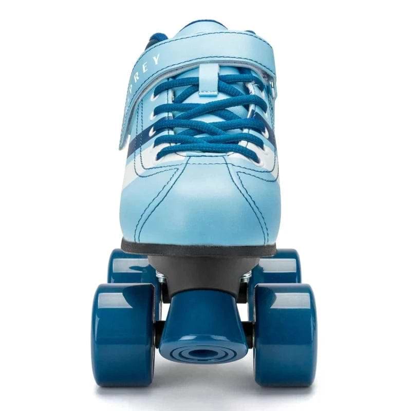 A front view of the Osprey Disco Quad Roller Skates - Blue by Osprey, with dark blue wheels, blue laces, a top Velcro strap, and white accents—perfect recreational skates for indoor or outdoor use.