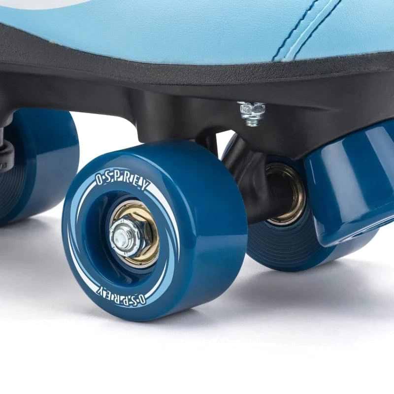 Close-up of blue and black wheels on Osprey Disco Quad Roller Skates - Blue by Osprey. The fresh wheels, labeled "Osprey," are ideal for indoor and outdoor skating, showing visible bolts and axles attached to the blue boot.