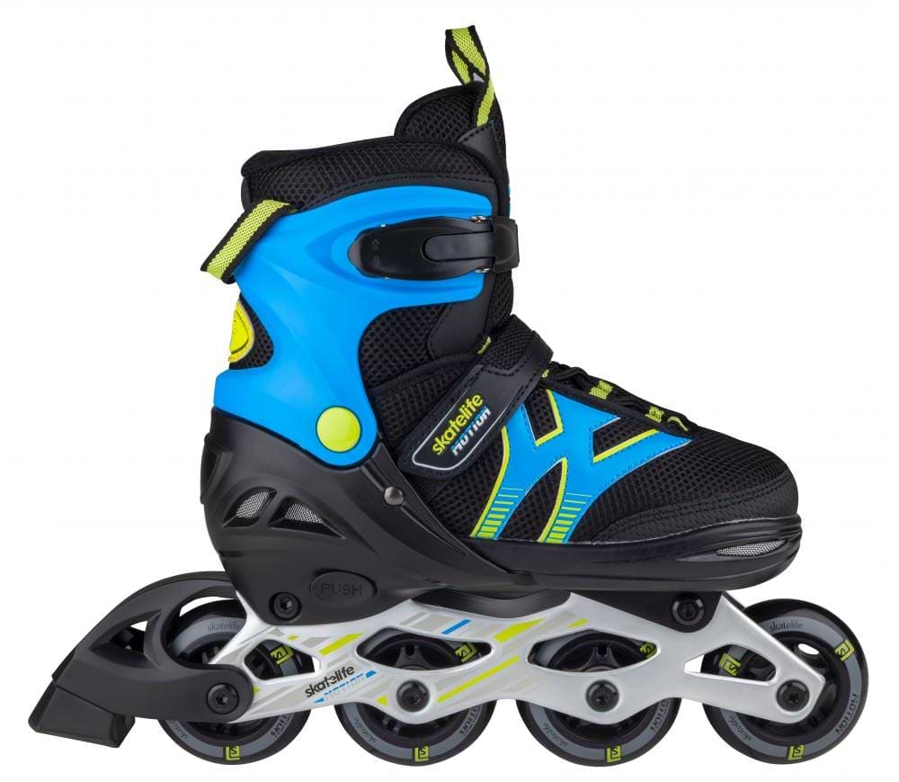 A close-up of the Skatelife Motion Adjustable Inline Skates for young beginners showcases a black and blue design with neon green accents. It features a sleek, lightweight aluminum frame and sturdy wheels. The boot includes adjustable straps for a customized fit, making it ideal for newcomers to skating.