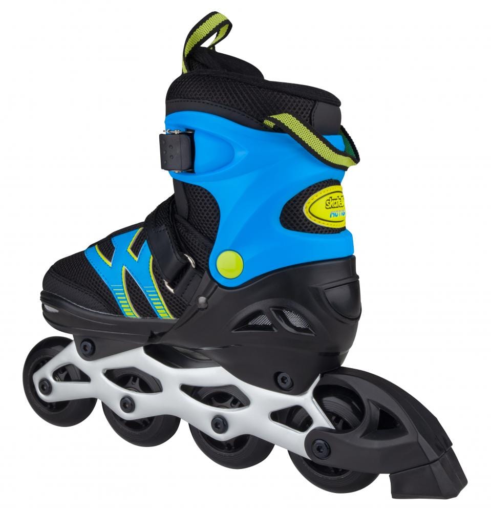 The Skatelife Motion Adjustable Inline Skates in black and blue, designed by Skatelife, feature lime green accents and a lightweight aluminum frame with four wheels. Ideal for young beginners, these skates include a secure buckle and strap for fastening.