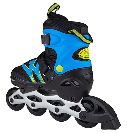 The Skatelife Motion Adjustable Inline Skates in black and blue, designed by Skatelife, feature lime green accents and a lightweight aluminum frame with four wheels. Ideal for young beginners, these skates include a secure buckle and strap for fastening.
