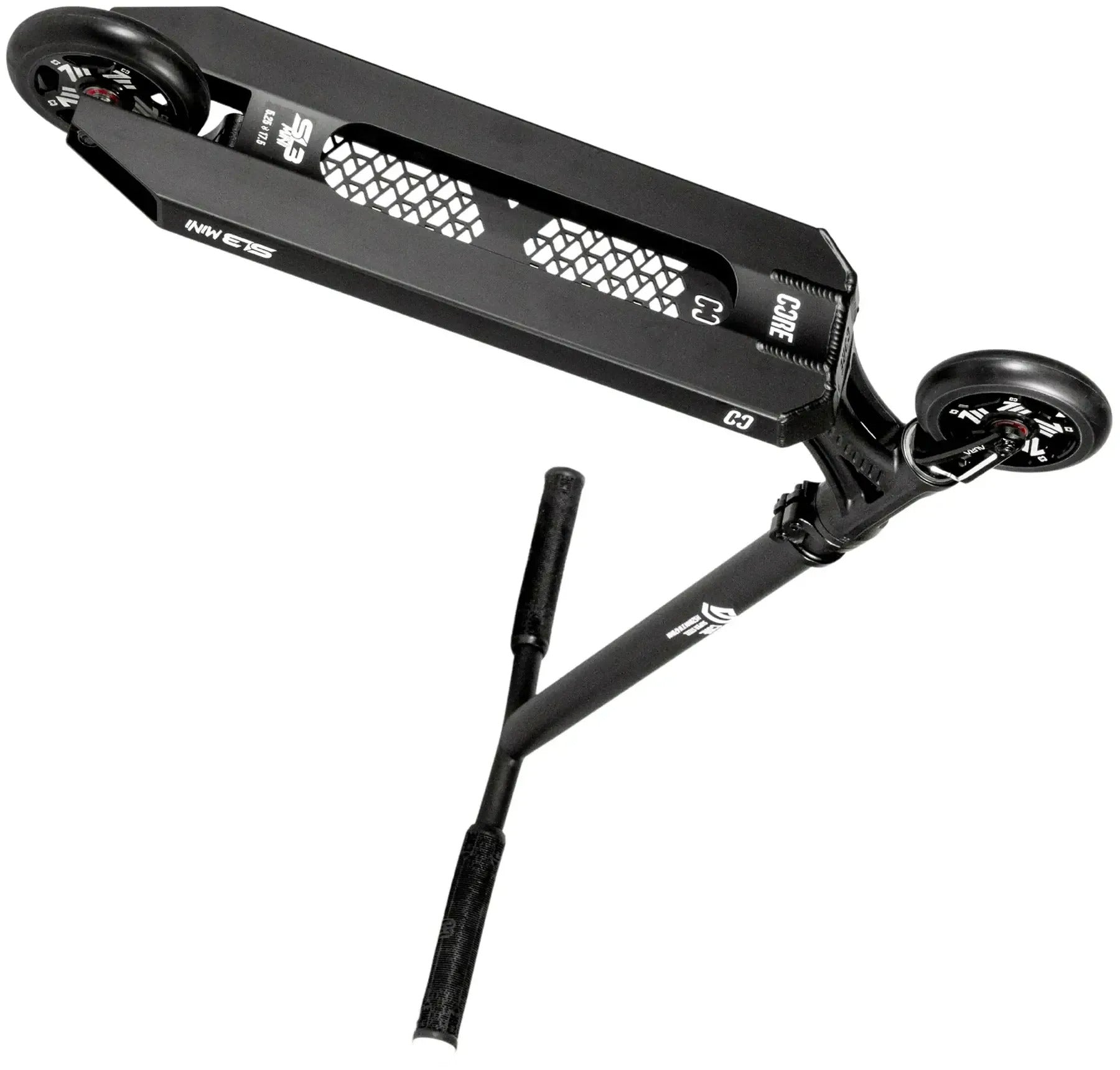 The CORE SL3 Mini Complete Stunt Scooter in black is displayed from above at an angle, showcasing its deck, wheels, and handlebars. The deck features a cutout pattern and CORE branding details, while the handlebars and wheels exhibit a sleek, modern design.