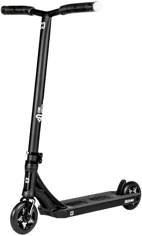 The CORE SL3 Mini Complete Stunt Scooter in black features a textured deck, two small wheels, and a T-shaped handlebar, making it ideal for use as a park or stunt scooter. The product is displayed against a white background.