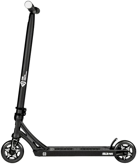 CORE SL3 Mini Complete Stunt Scooter by CORE in black, featuring small solid wheels, a straight handlebar, and a low deck. Its lightweight design is built for tricks and stunts. The stunt scooter is shown from a side profile against a white background.