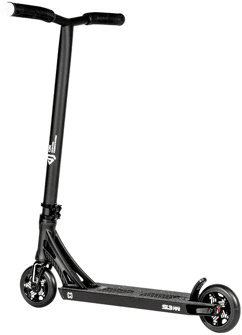 The CORE SL3 Mini Complete Stunt Scooter - Black by CORE features a wide handlebar, small wheels, and a textured deck, making it the perfect mini complete scooter for performing tricks at the park. Shown here against a white background.