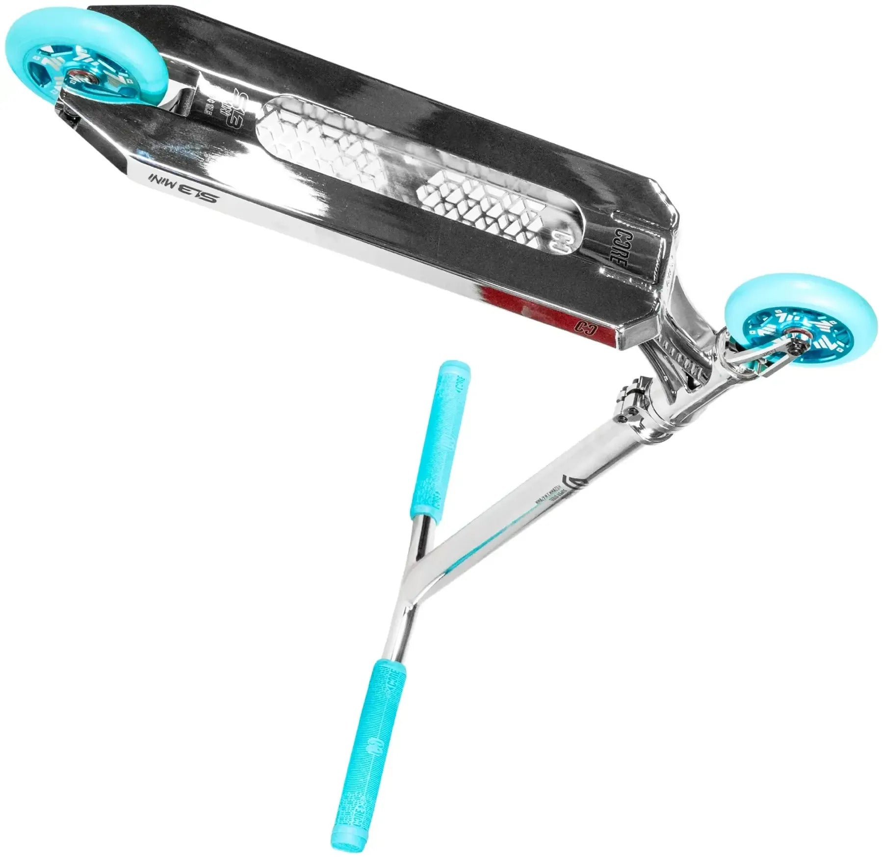 The CORE SL3 Mini Complete Stunt Scooter in Chrome and Teal, viewed from above at an angle, highlights its deck, handlebar, and teal wheels—a sleek mini scooter by CORE, ideal for park riders.