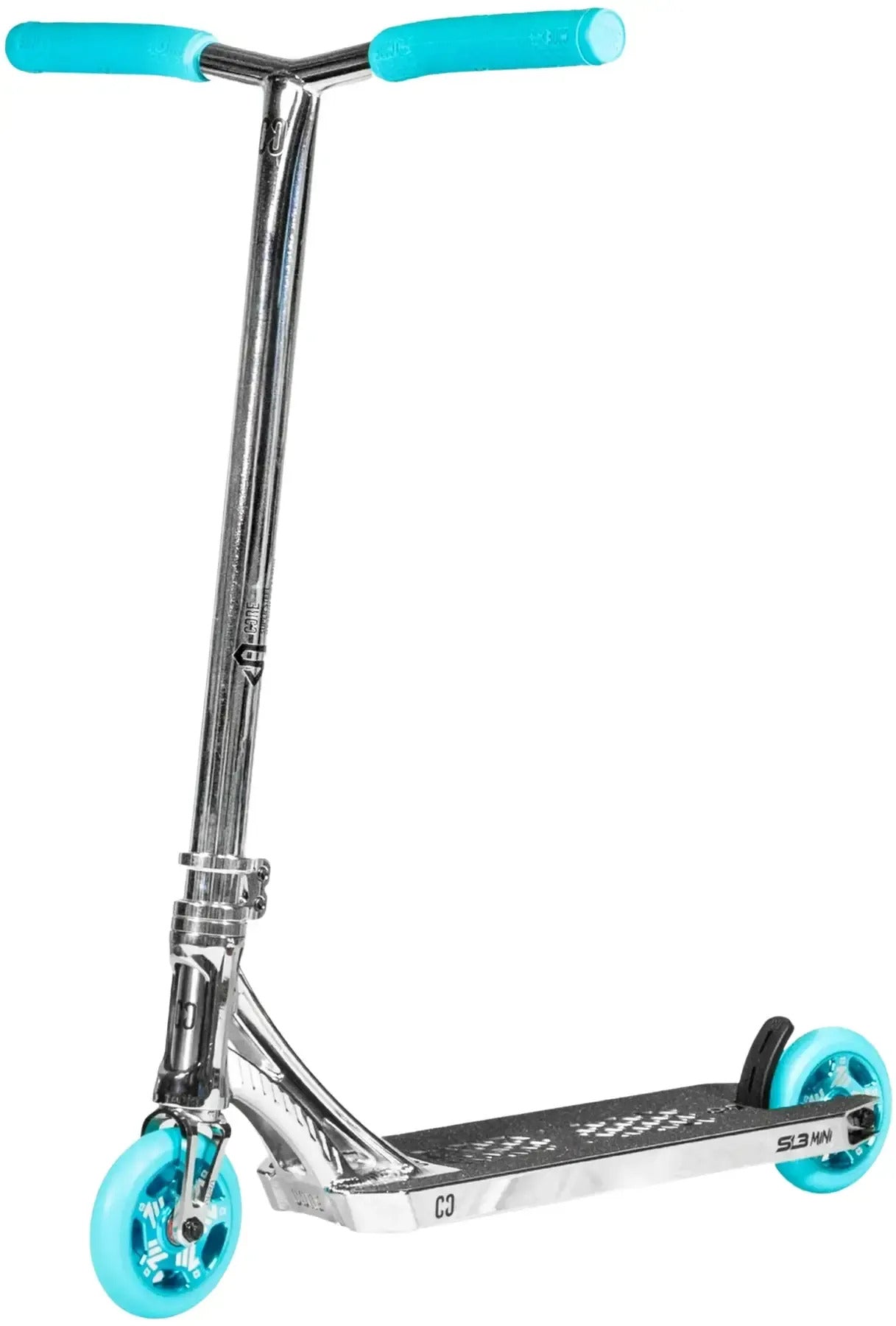 The CORE SL3 Mini Complete Stunt Scooter by CORE features a sleek chrome finish with vibrant teal handle grips and wheels, paired with a black deck. Displayed upright on a white background, this eye-catching park scooter is ideal for riders who value both style and high performance.