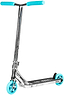 The CORE SL3 Mini Complete Stunt Scooter by CORE features a sleek chrome finish with vibrant teal handle grips and wheels, paired with a black deck. Displayed upright on a white background, this eye-catching park scooter is ideal for riders who value both style and high performance.