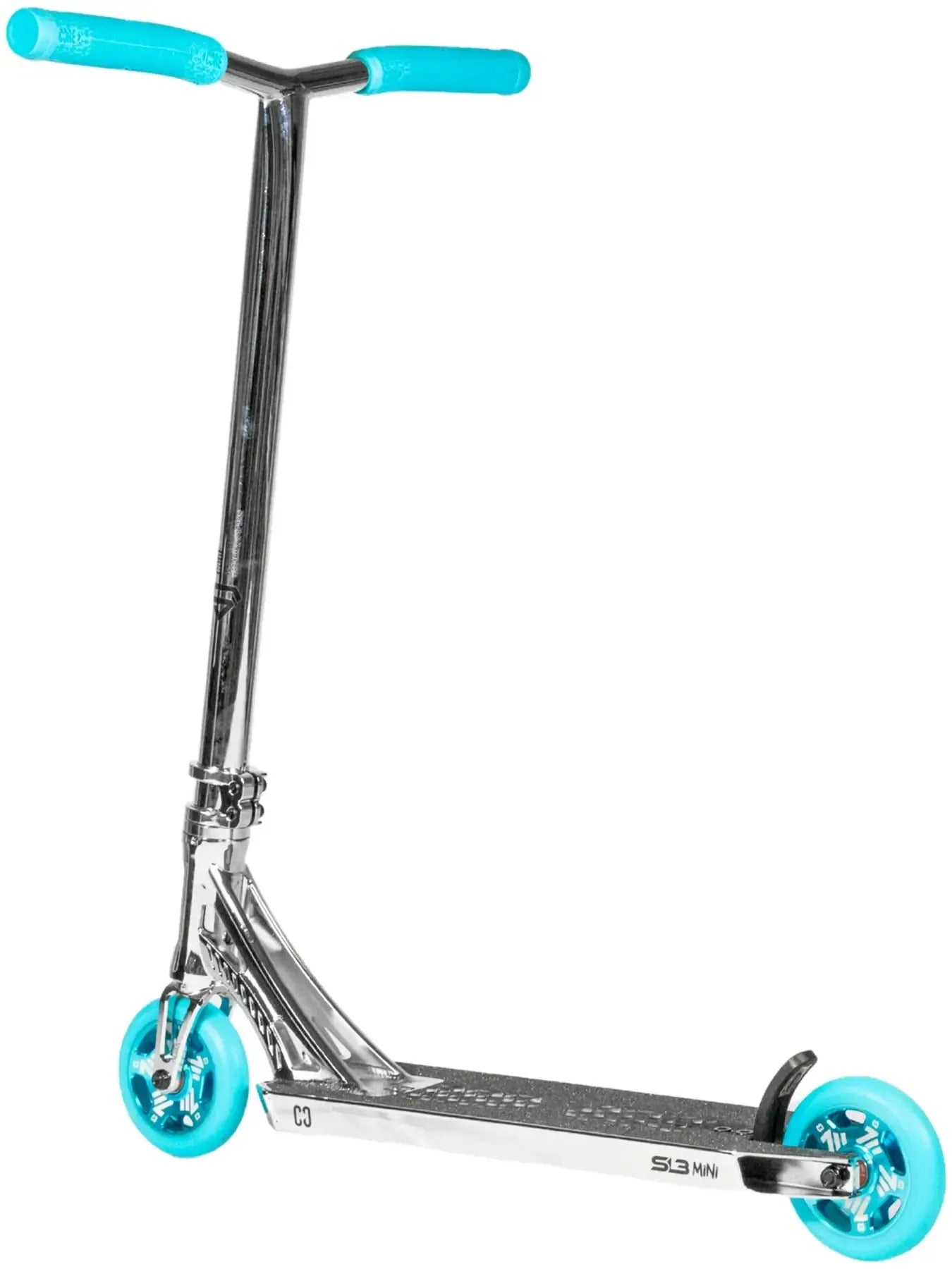 The CORE SL3 Mini Complete Stunt Scooter by CORE, featuring a chrome and teal design, is displayed at an angle against a white background.