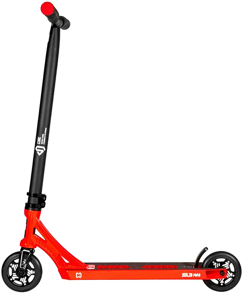 The CORE SL3 Mini Complete Stunt Scooter by CORE is shown from the side against a plain white background. It features a bold red and black colorway, two small wheels, a non-slip foot deck, and an upright handlebar, making it perfect for kids.