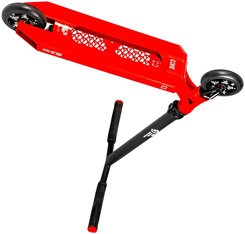 A red and black CORE SL3 Mini Complete Stunt Scooter from CORE, featuring a black handlebar and black wheels, is shown from an angled top view highlighting the deck, grip tape, and part of the handlebar. This pro-level park scooter is perfect for kids who want high performance and standout style.