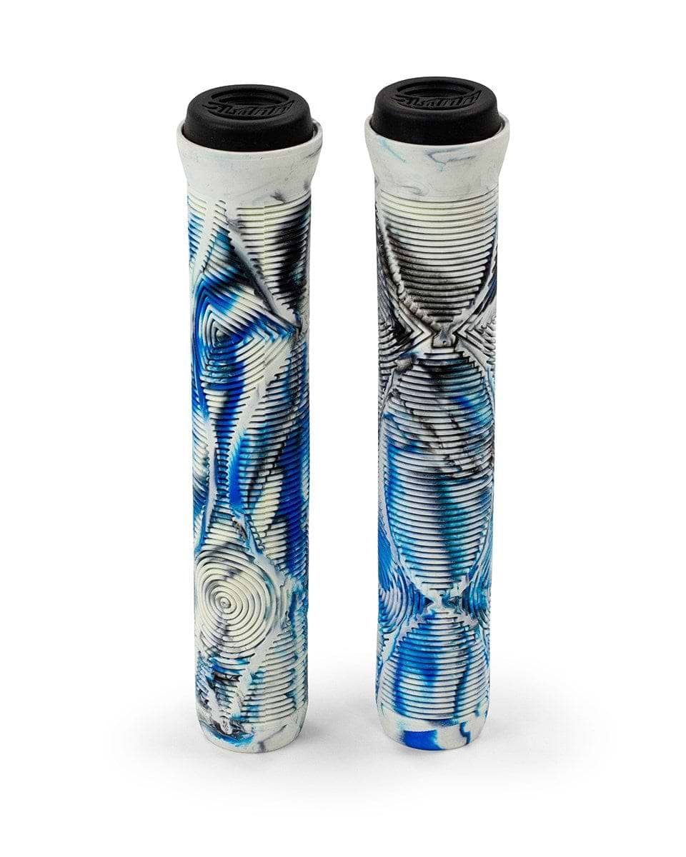 The Slamm Team Swirl Arctic White Stunt Scooter Grips - 165mm showcase a black and white textured design with blue swirls. Engineered with a multi-directional pattern, these grips provide comfort for both bicycles and scooters. They include black end caps and retain their cylindrical shape adorned with detailed designs for a stylish ride.