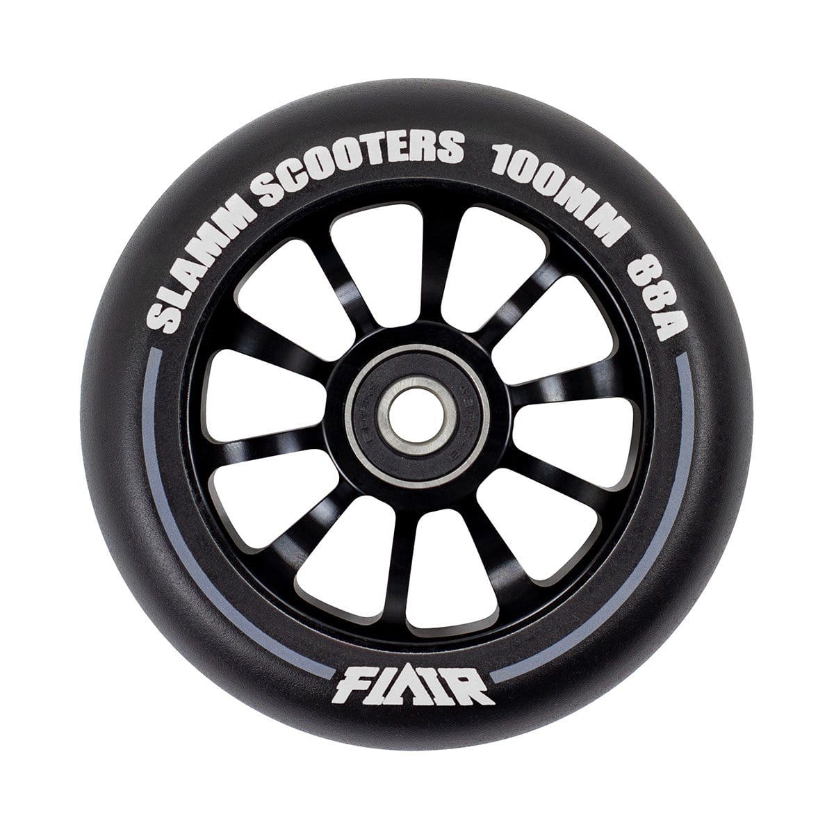 Introducing the Slamm Flair 2.0 100mm Stunt Scooter Wheel in black, featuring white text and equipped with high-performance ABEC-9 bearings.