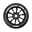 Introducing the Slamm Flair 2.0 100mm Stunt Scooter Wheel in black, featuring white text and equipped with high-performance ABEC-9 bearings.