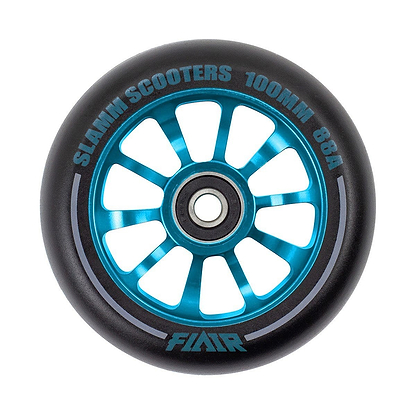 A close-up of the Slamm Flair 2.0 100mm stunt scooter wheel in blue, featuring a black tire with multiple spokes. It has "SLAMM SCOOTERS 100MM 88A" around the rim, "FLAIR" at the bottom, and is equipped with ABEC-9 bearings for smooth skatepark rides.